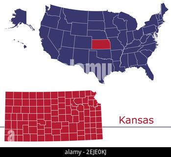 Kansas Grafschaften Vektor-Karte Umriss mit USA Kartenfarben national Alarmmeldung Stock Vektor