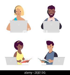 Bündel von vier Studenten mit Laptops Bildung Online-Vektor-Illustration Design Stock Vektor