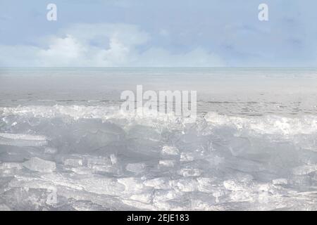 Ein ruhiger winterlicher Blick auf das IJsselmeer, teilweise gefroren mit Eismassen, vom Zijderdijk aus gesehen, Nordholland, Niederlande. Stockfoto