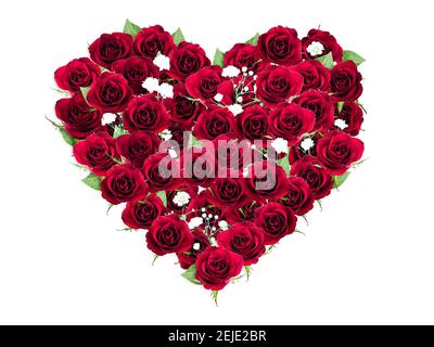 Herzform aus roten Rosen Bouquet, Blumenhintergrund, glücklicher valentinstag, Muttertag, flach liegend, Draufsicht Stockfoto