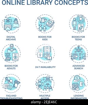 Online-Bibliothek oncept Symbole gesetzt Stock Vektor