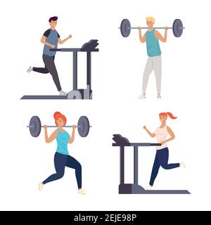 Bündel von vier Personen üben Fitness Sport Zeichen Vektor Illustration Design Stock Vektor