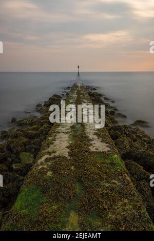 Stone Groyne bei Sonnenaufgang an der Küste von Nordwales. Felsen und Algen mit einem warmen Himmel in Colwyn Bay. Stockfoto