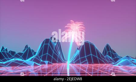 80s retrowave Neon Hintergrund. Palme und computergeneriertes Gelände. 3D Abbildung Stockfoto