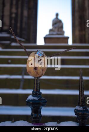 Lustiger schottischer Humor, DIY Mr. Potato Head mit Bierflaschengesicht und Stockarmen vom Scott Monument, Edinburgh. Stockfoto