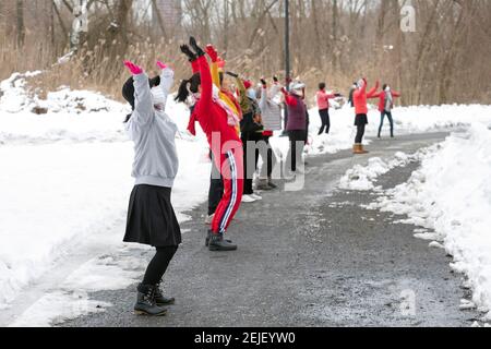 An einem Wintermorgen besuchen asiatisch-amerikanische Frauen, hauptsächlich Chinesen, einen Tanzkurs in einem Park in Flushing, Queens, New York City. Stockfoto