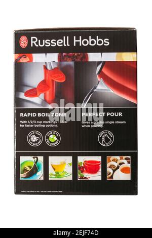 Russell Hobbs Wasserkocher in Box isoliert auf weißem Hintergrund Stockfoto