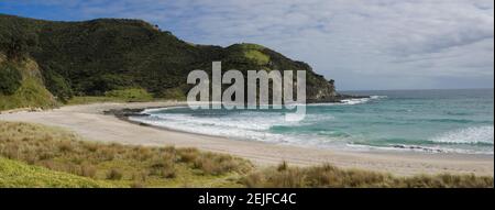 Blick auf den Küstenstrand, Tapotupotu Bay, Cape Reinga, Northland Region, North Island, Neuseeland Stockfoto