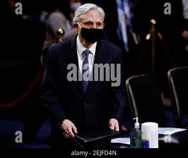 Washington, Vereinigte Staaten Von Amerika. Februar 2021, 22nd. Richter Merrick Garland kommt, um vor einer Anhörung des Justizausschusses des Senats über seine Ernennung zum US-Generalstaatsanwalt auf dem Capitol Hill in Washington, USA, 22. Februar 2021, auszusprechen. Kredit: Carlos Barria/Pool via CNP, weltweite Nutzung Kredit: dpa/Alamy Live News Stockfoto