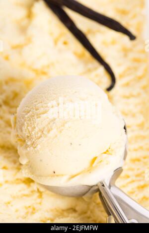 Nehmen Sie Vanilleeis mit dem Eislöffel aus Die Eiscreme-Box Stockfoto