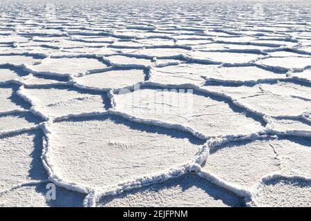 Salzlagerstätten, Badwater Basin, Death Valley, Kalifornien. Geometrische Formationen schlangen in die Ferne, wobei der Boden mit Kristallen bedeckt ist. Stockfoto