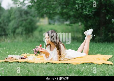 Eine junge schöne Frau in einem weißen Kleid sitzt auf einer Decke auf einem Sommerpicknick auf dem grünen Gras. Schöne Zeit in der Natur im Sommer Stockfoto