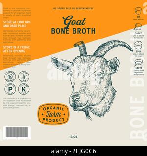 Label-Vorlage Für Ziegenknochen-Bouillon. Abstract Vektor Lebensmittel Verpackung Design Layout. Hand gezeichnet Animal Head Sketch Hintergrund mit Typografie Zusammensetzung und Stock Vektor