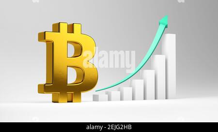 Goldenes Bitcoin-Symbol mit aufsteigendem Balkendiagramm. 3D Rendern. Kryptowährung Münze Logo 2p2 Austausch, Blockchain-Technologie Stockfoto