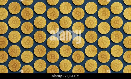 Bitcoins Muster Hintergrund mit Kryptowährungen. 3D Rendering von Kryptowährungsmünzen, 2p2-Austausch, Blockchain-Technologie Stockfoto