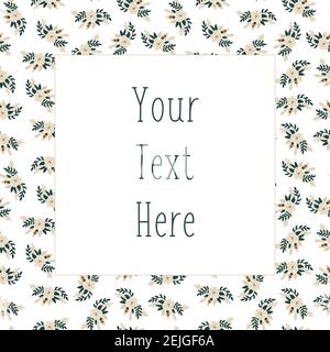 Blumen Vektor Karte Vorlage flach weiß Rose Blumen niedlich skandinavischen Stil. Quadratisch mit weißem Rahmen mit Blumenmuster. Romantische Retro-Pfingstrose im Vintage-Stil Stock Vektor