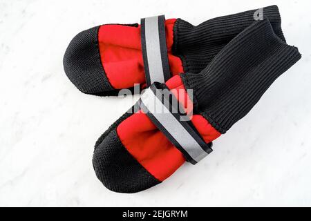 Hundestiefel auf weißem Marmor Hintergrund. Stockfoto