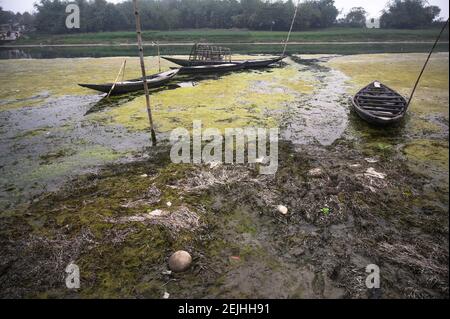 Jalangi River ist derzeit in Gefahr. Einst war Jalangi ein voll fließender Fluss, aber jetzt ist der Fluss voller Sedimente und hat seine Tiefe verloren. Der Fluss bricht jeden Tag seine Nebenpartien. Der intensive Druck wachsender Populationen, Industrialisierung, uneingeschränkter Ausgrabungen und ungeplanter Entwicklung zeigt sich sowohl in der Qualität als auch in der Quantität des Wassers, das die Flüsse liefern. Tehatta, Westbengalen, Indien. Stockfoto