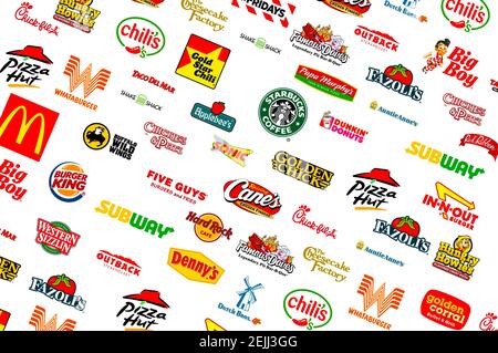 Logotyp Sammlung der berühmtesten Fast-Food, Restaurants und Kaffee Stockfoto