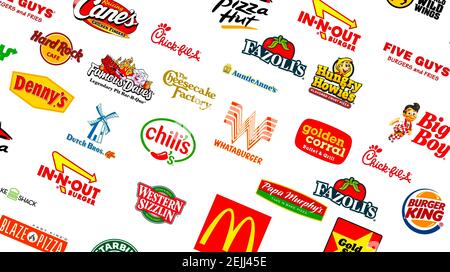 Logotyp Sammlung der berühmtesten Fast-Food, Restaurants und Kaffee Stockfoto
