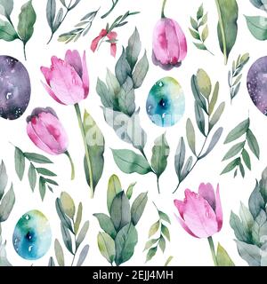 Ostern nahtlose Muster mit Tulpen, Zweig, Eier, Blätter und Blumen. Stockfoto