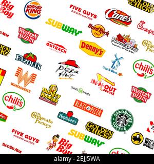 Logotyp Sammlung der berühmtesten Fast-Food, Restaurants und Kaffee Stockfoto