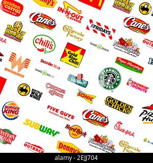 Logotyp Sammlung der berühmtesten Fast-Food, Restaurants und Kaffee Stockfoto