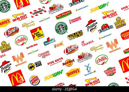 Logotyp Sammlung der berühmtesten Fast-Food, Restaurants und Kaffee Stockfoto
