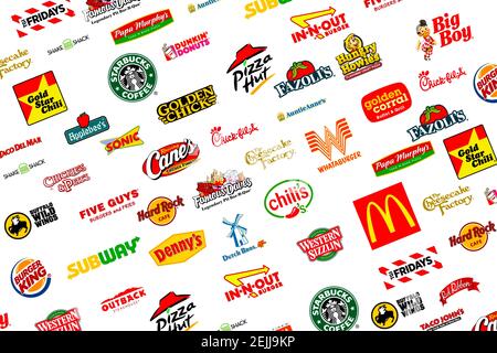 Logotyp Sammlung der berühmtesten Fast-Food, Restaurants und Kaffee Stockfoto