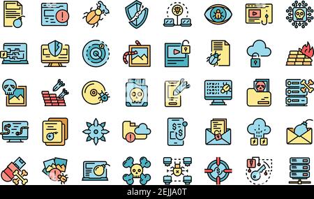 Malware-Symbole festgelegt. Skizzieren Satz von Malware-Vektor-Symbole dünne Linie Farbe flach auf weiß Stock Vektor