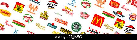 Logotyp Sammlung der berühmtesten Fast-Food, Restaurants und Kaffee Stockfoto