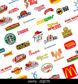 Logotyp Sammlung der berühmtesten Fast-Food, Restaurants und Kaffee Stockfoto