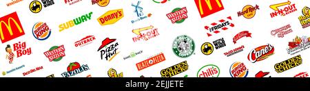 Logotyp Sammlung der berühmtesten Fast-Food, Restaurants und Kaffee Stockfoto