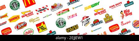 Logotyp Sammlung der berühmtesten Fast-Food, Restaurants und Kaffee Stockfoto