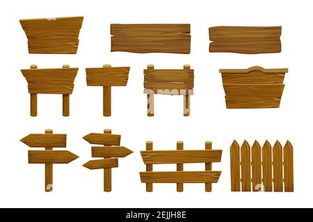Set Holzelemente Zaun, Sperrholz Planken, Banner, leere Schild texturiert in Cartoon-Stil isoliert auf weißem Hintergrund. Vorlage Assets ui-Spiel. Co Stock Vektor