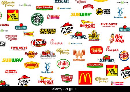 Logotyp Sammlung der berühmtesten Fast-Food, Restaurants und Kaffee Stockfoto