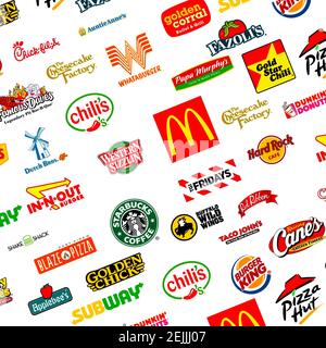 Logotyp Sammlung der berühmtesten Fast-Food, Restaurants und Kaffee Stockfoto