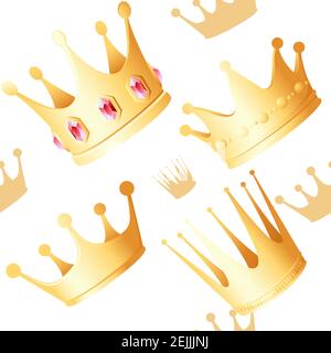 Nahtloses Muster der goldenen Kronen mittelalterlichen Monarchen Führungssymbol mit Vektorgrafik Edelsteine auf weißem Hintergrund Stock Vektor