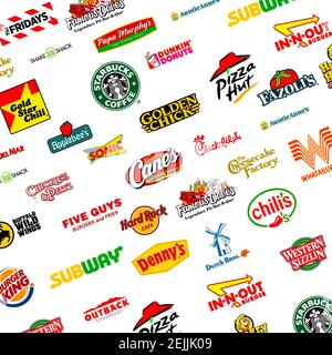 Logotyp Sammlung der berühmtesten Fast-Food, Restaurants und Kaffee Stockfoto