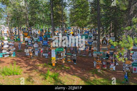 Kanada, Yukon, Watson Lake, Sign Post Forest, begann 1942 von einem Soldaten, der in der Gegend Dienst, jetzt Nummerierung 80.000 + Stockfoto