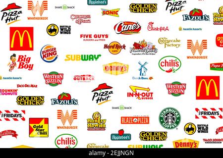 Logotyp Sammlung der berühmtesten Fast-Food, Restaurants und Kaffee Stockfoto
