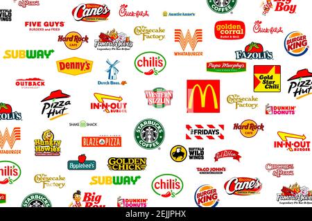 Logotyp Sammlung der berühmtesten Fast-Food, Restaurants und Kaffee Stockfoto