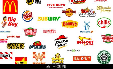 Logotyp Sammlung der berühmtesten Fast-Food, Restaurants und Kaffee Stockfoto