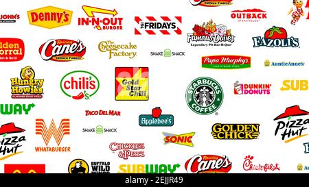 Logotyp Sammlung der berühmtesten Fast-Food, Restaurants und Kaffee Stockfoto