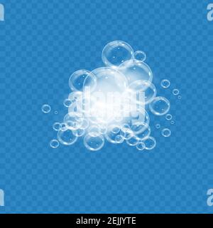Badeschaum mit Seifenblasen isoliert auf transparentem Hintergrund. Realistische Seife sud Textur. Vektor-Illustration von Shampoo, Gel oder Gesichtsmousse Stock Vektor