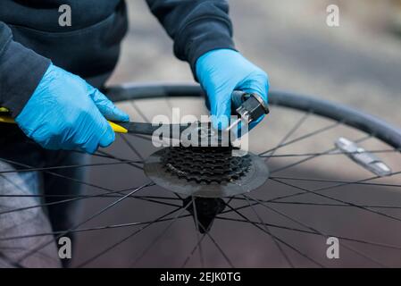 Nahaufnahme der Hände eines Fahrradmechanikers, der die hintere Kassette eines Fahrrads mit Spezialwerkzeugen bedient Stockfoto