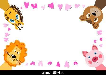 Banner mit bunten niedlichen Tier Gesicht. Bär, Giraffe, Schwein, Löwe. Speicherplatz kopieren. Cartoon flache Illustration. Alles gute zum Geburtstag, Urlaub, Babydusche Stock Vektor