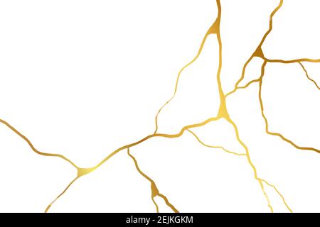 Goldenes Kintsugi-Design isoliert auf weißem Hintergrund. Golden Knistern Textur Hintergrund. Luxus gebrochenen Marmor Stein Muster für Hochzeit Einladung oder Karte Stock Vektor