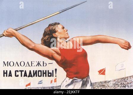 Sowjetisches Plakat "Jugend in die Stadien!" Stockfoto