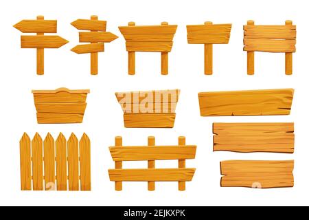 Set Holzelemente Zaun, Sperrholz Planken, Banner, leere Schild texturiert in Cartoon-Stil isoliert auf weißem Hintergrund. Vorlage Assets ui-Spiel. Co Stock Vektor